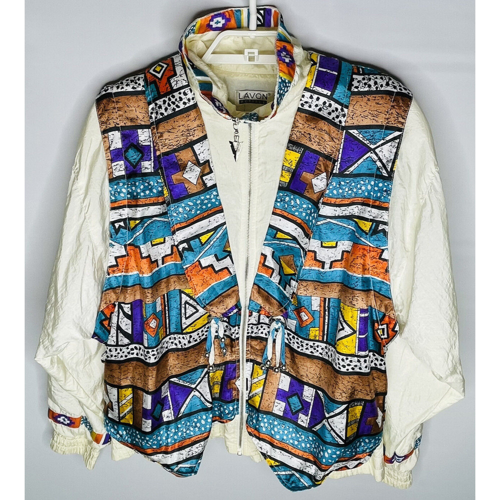 Vintage Lavon Aztec Southwest Full‎ Zip Windbreaker Jacket Women's SZ PM Nylon